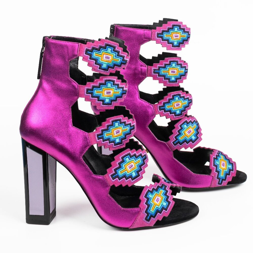 Kat Maconie Thea Metallic Fuchsia Pink Leather Embroidered Aztec Sandals sz 8